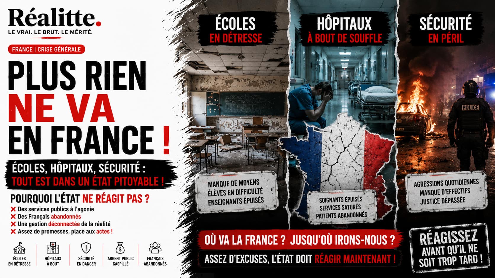 l education les soin et la securité dans un etat critique ! pour l etat ne reagit pas , pourquoi les citoyen francais subisse tous ca ? quand sa s arretera ? on a le plus beau pays du monde un patrimoine culturel social mais la france dans un etat critique !malgret tout on aime notre france