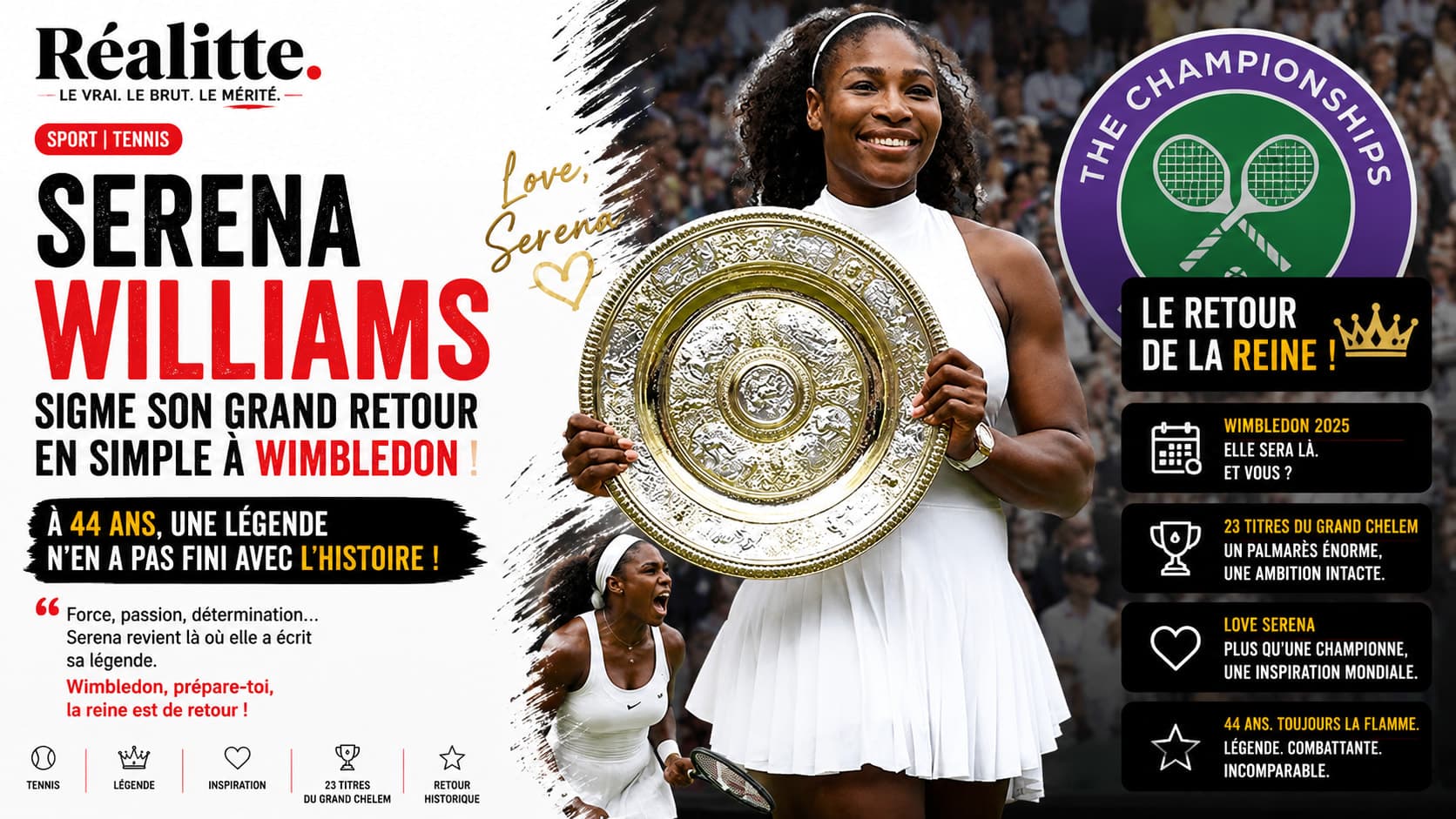 invitée à Wimbledon, Serena Williams va rejouer en simple à 44 ans
